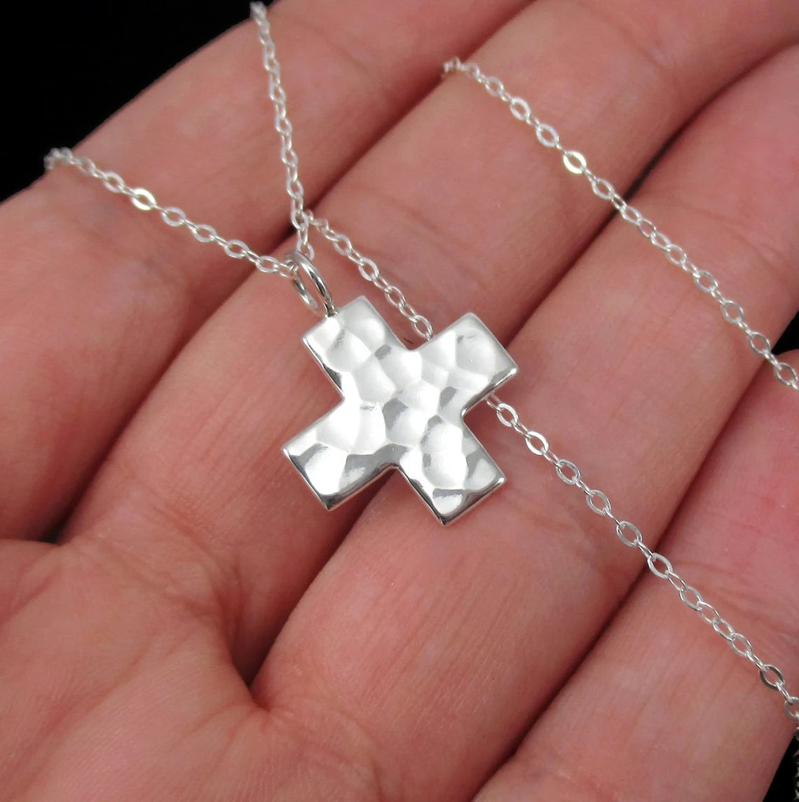 HAMMERED CROSS NECKLACE STERLING SILVER