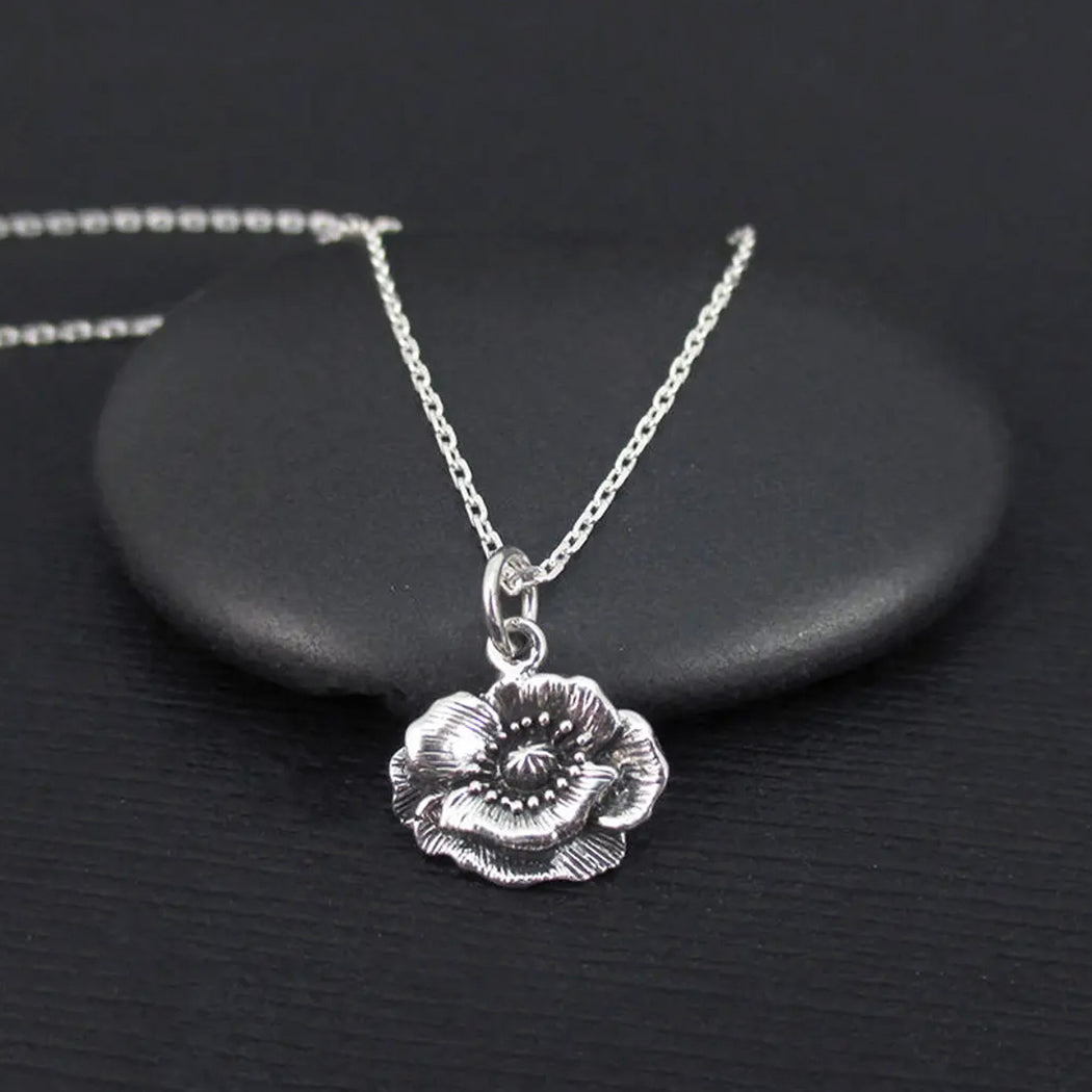 POPPY FLOWER NECKLACE STERLING SILVER AUGUST BIRTH FLOWER NECKLACE