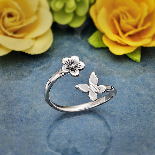 CHERRY BLOSSOM AND BUTTERFLY RING STERLING SILVER ADJUSTABLE BAND