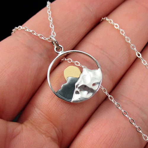 Silver 2024 Mountain Valley River Pines Moon Sun Boho Landscape Heart Necklace